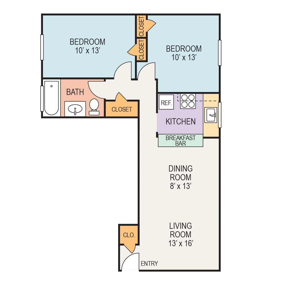 A floor plan of a house with two bedrooms and a bathroom