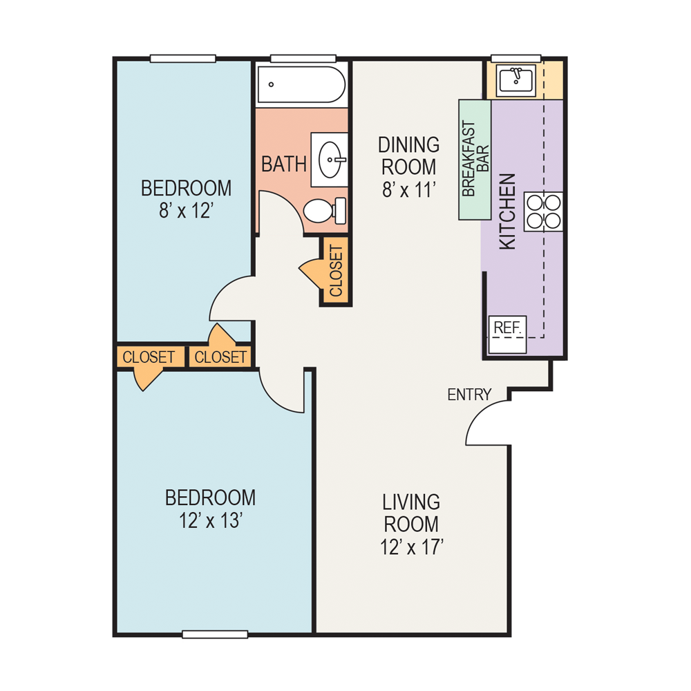 A floor plan of a house with two bedrooms and a living room.