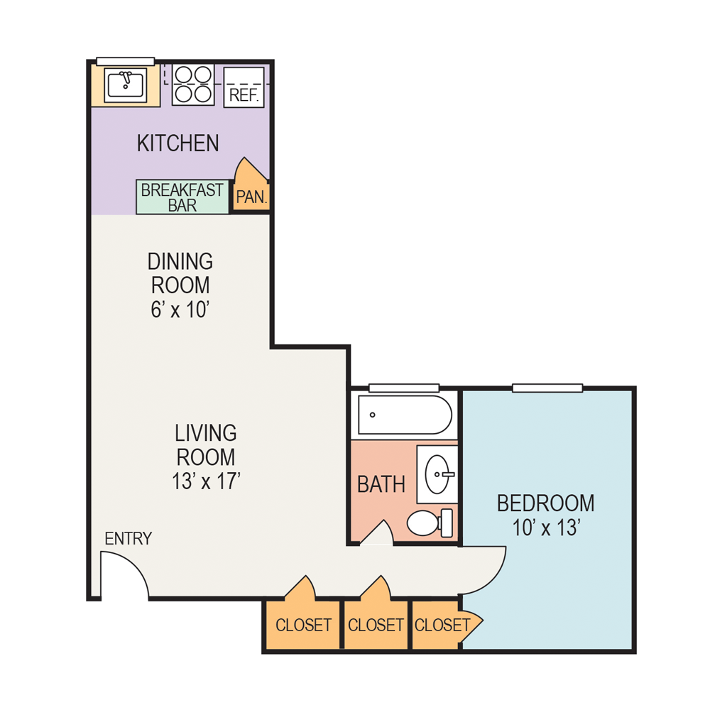 A floor plan of a small apartment with a kitchen , dining room , living room , and bedroom.