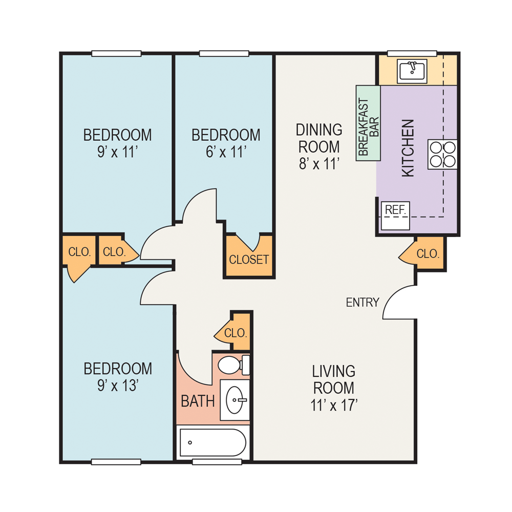 A floor plan of a house with three bedrooms and a living room.