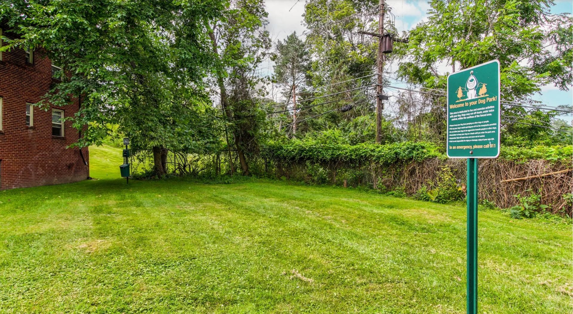 A green sign is sitting in the middle of a lush green field.