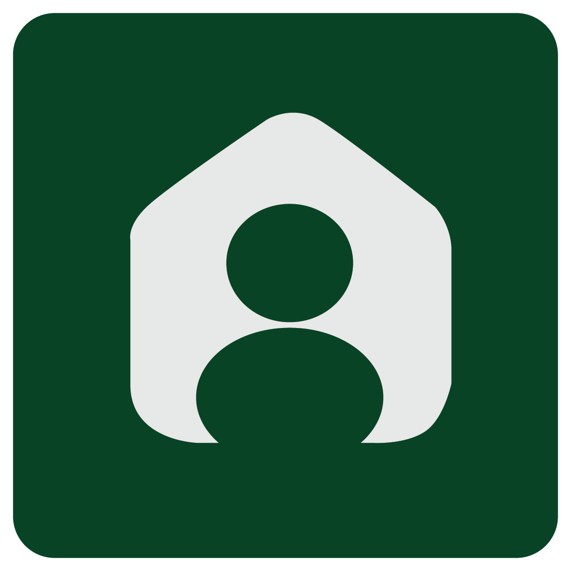 A green square with a white icon of a person in a house.
