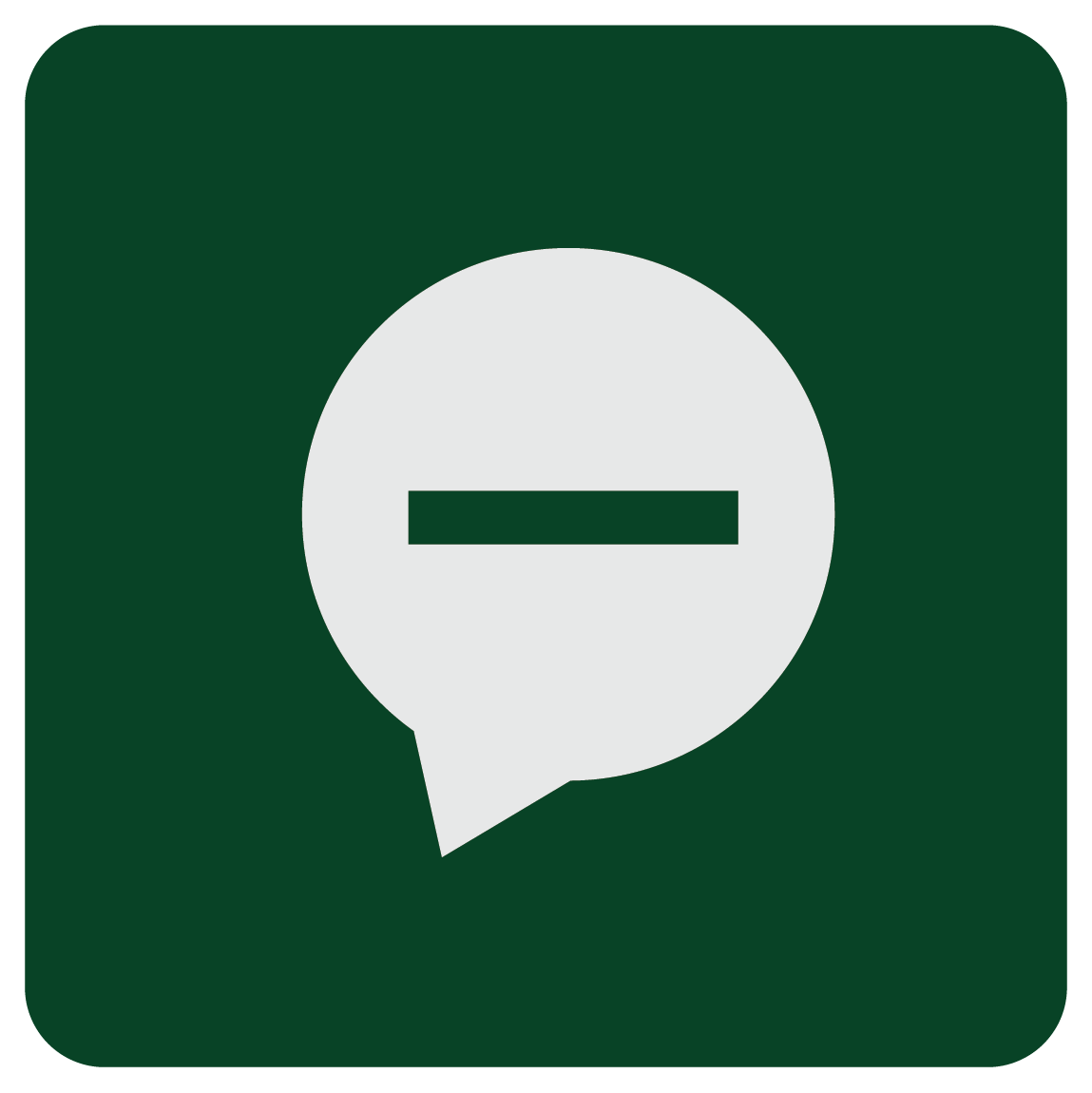 A green square with a white speech bubble with a minus sign inside of it.
