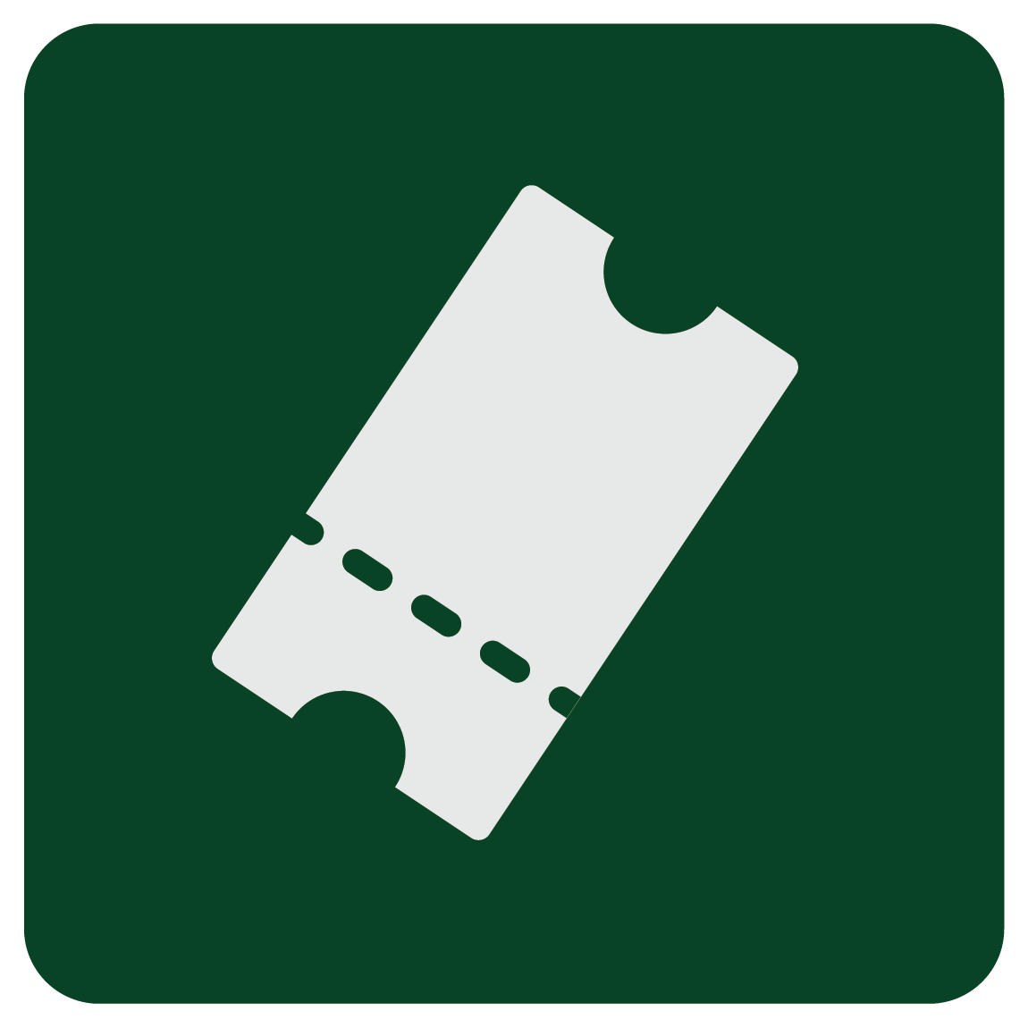 A white ticket icon on a green background.