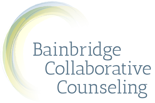 Bainbridge Collaborative Counseling logo: a blue-gray text with an abstract, light blue-green swirl.