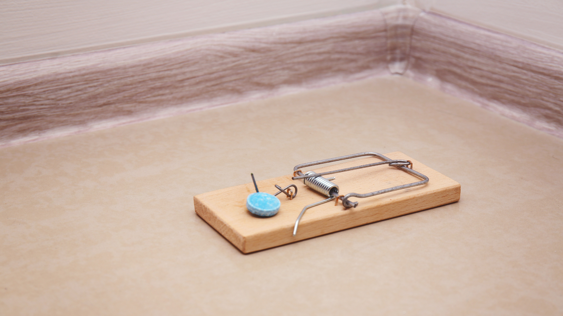 A wooden spring-loaded mousetrap with a small blue bait cup resting on a light-colored floor in a room corner.