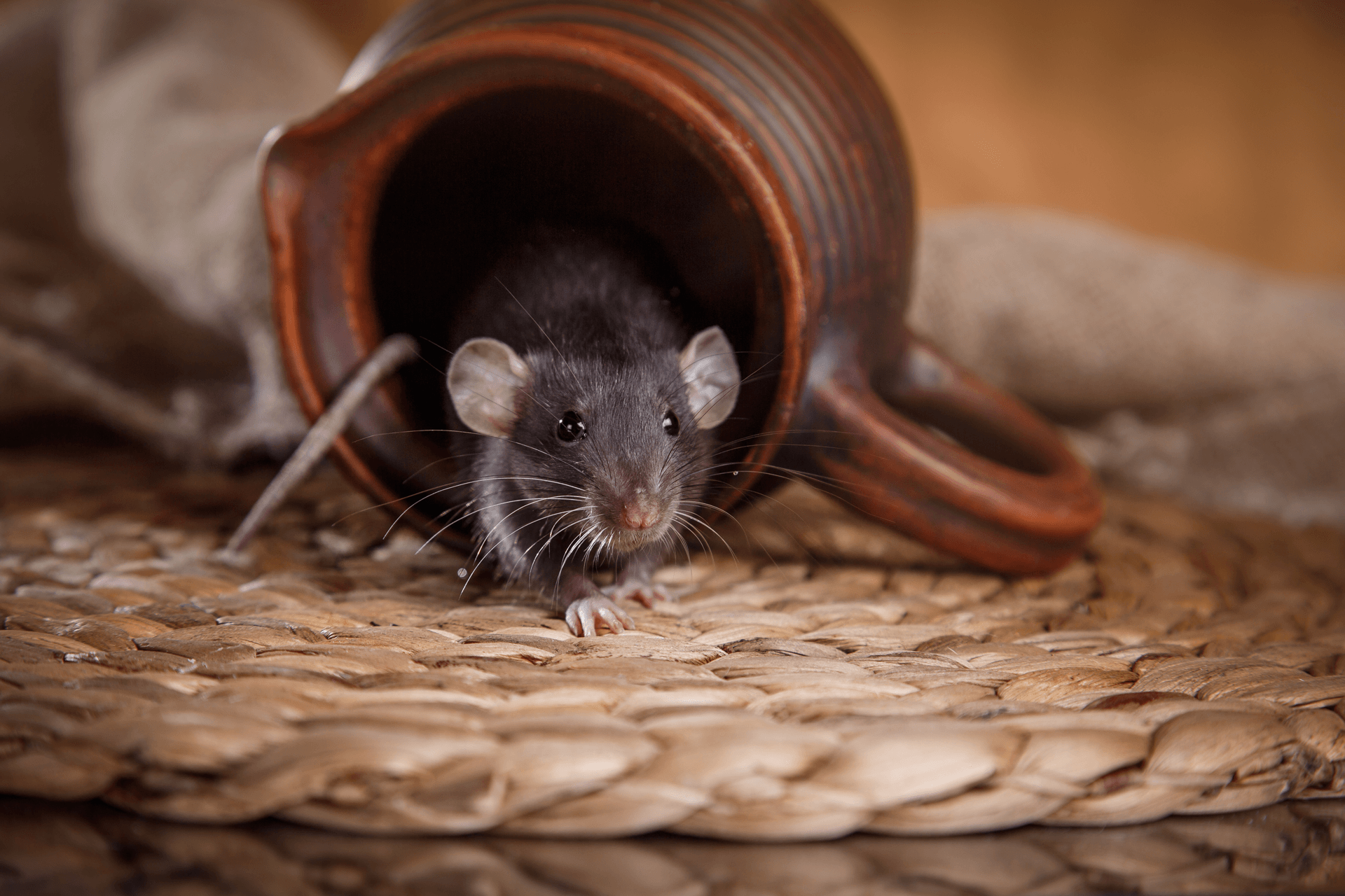 a mouse is sticking its head out of a pitcher on a wicker mat .