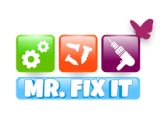 A logo for mr. fix it with gears screws and a butterfly