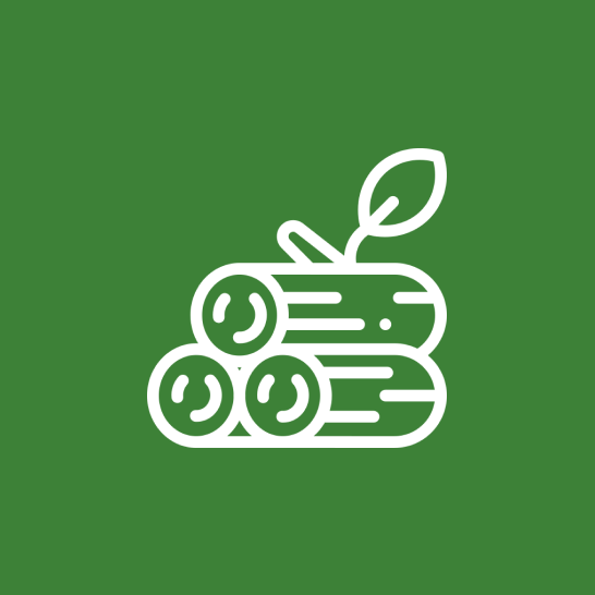 Une pile de bûches avec des feuilles sur fond vert.