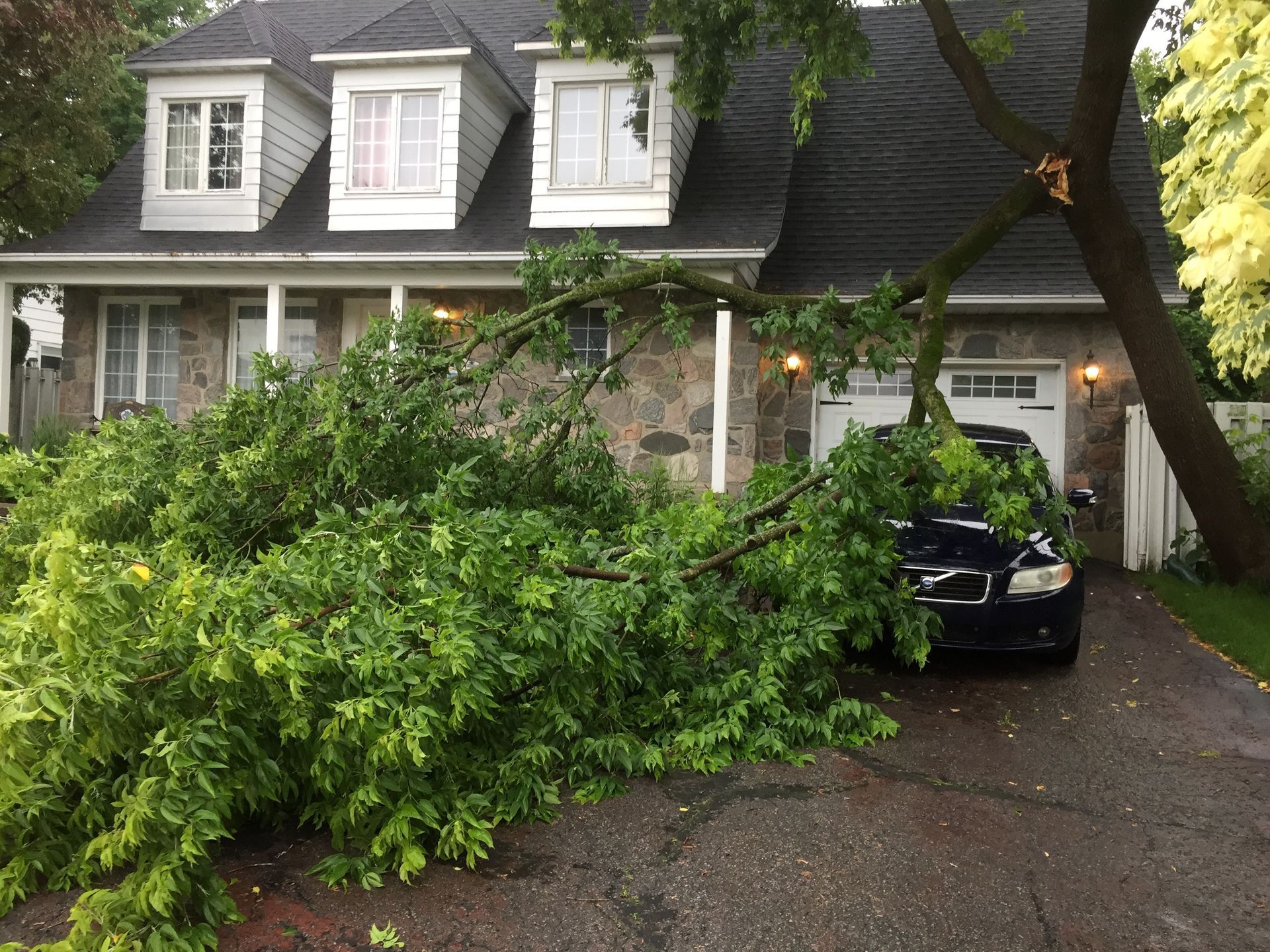 Une voiture est garée devant une maison avec un arbre tombé dessus