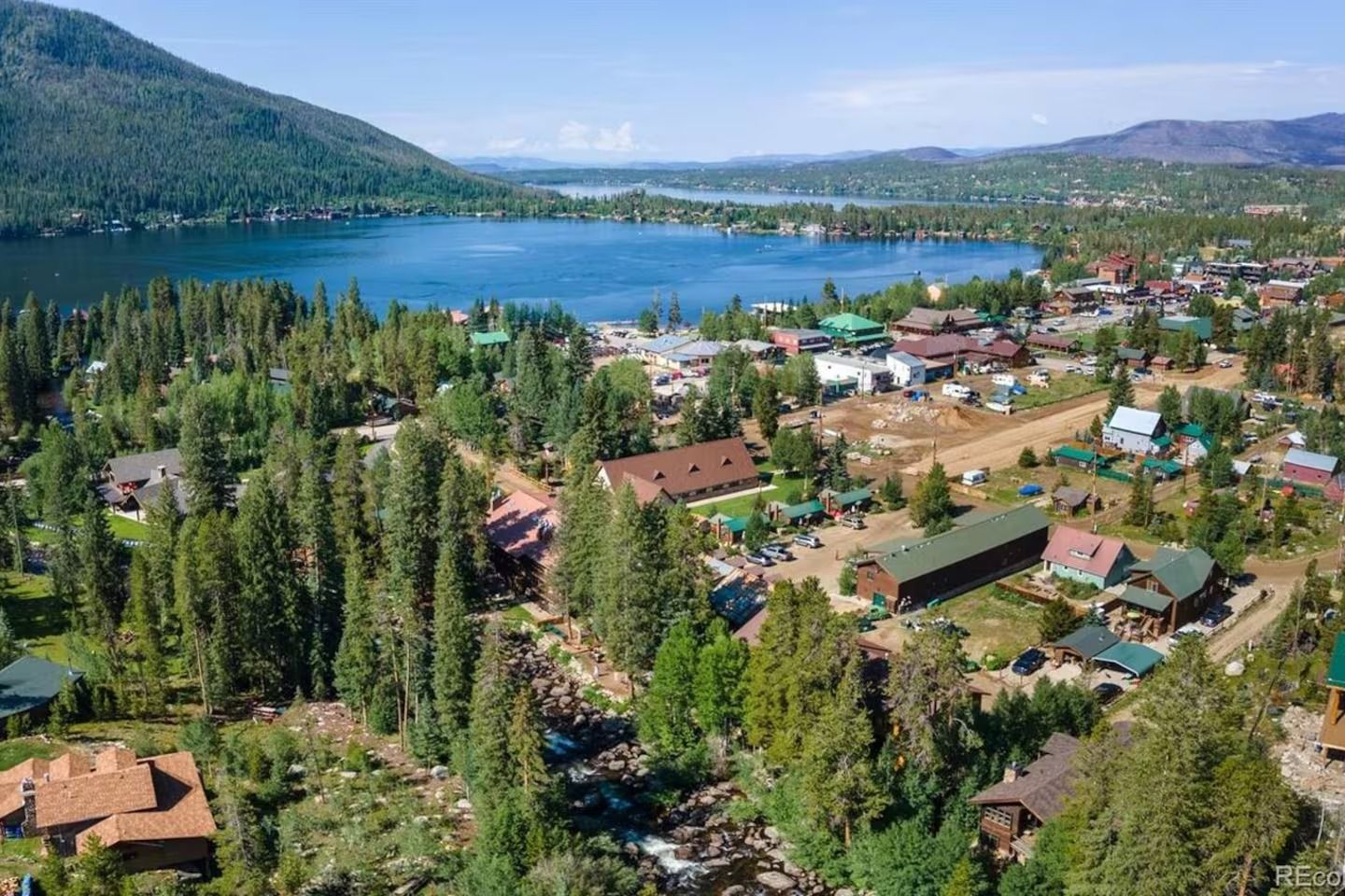 Aerial view of a town nestled near a lake with surrounding trees and mountains on a sunny day.