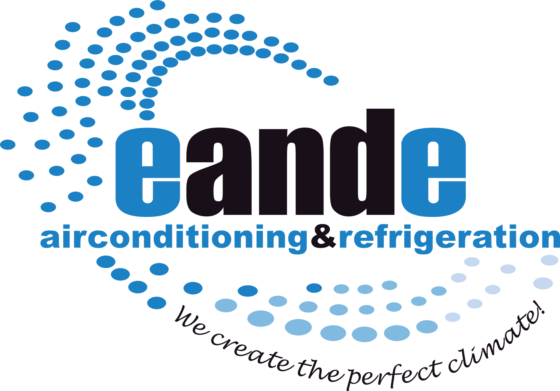 Eande airconditioning & refrigeration logo with blue dotted swirl and tagline &ldquo;We create the perfect climate&rdquo;