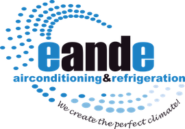 Eande airconditioning & refrigeration logo with blue dotted swirl and tagline “We create the perfect climate”