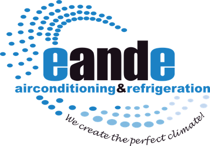 Eande airconditioning & refrigeration logo with blue dotted swirl and tagline &ldquo;We create the perfect climate&rdquo;