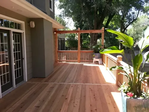 Wooden deck with railing, pergola, and large potted plant in front of a house.