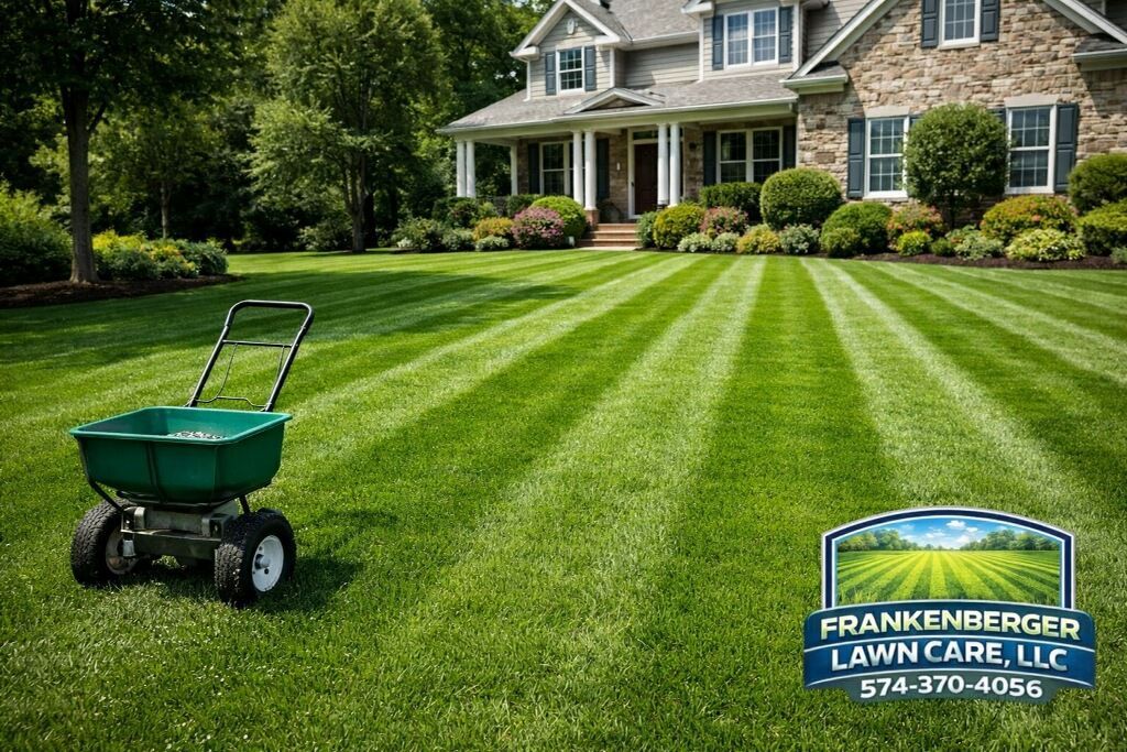 Lawn care logo over striped green lawn beside a house with a fertilizer spreader in the foreground