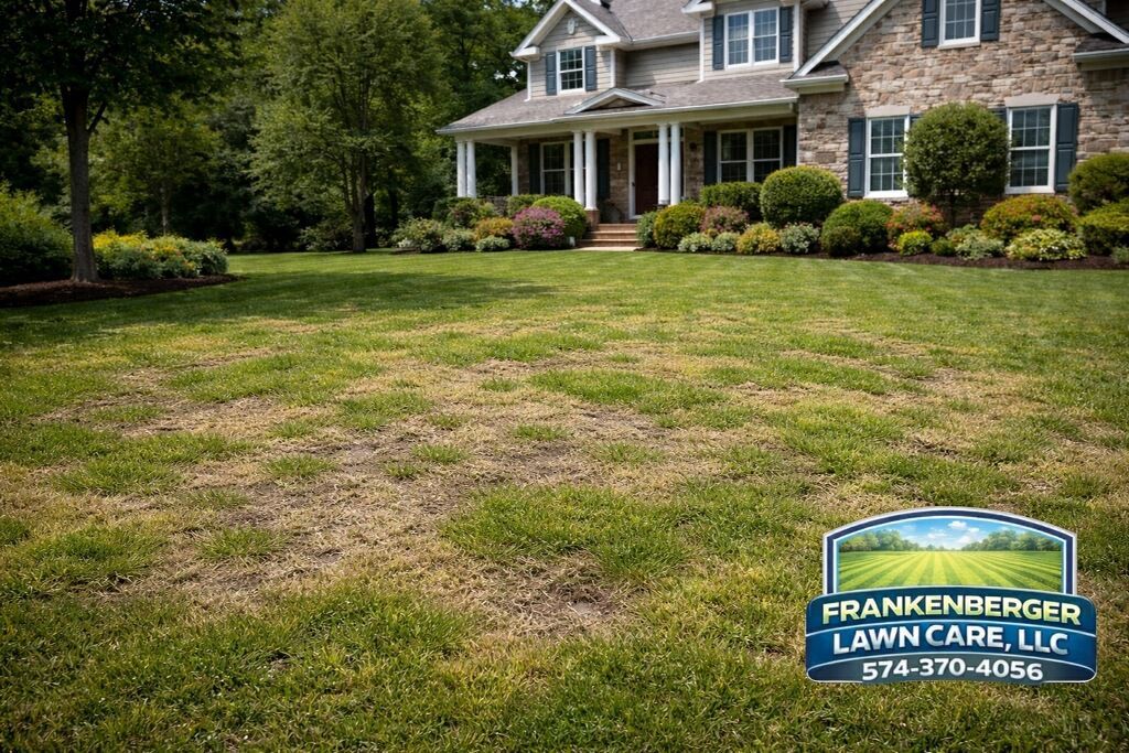 Front lawn with patchy grass before a stone house; Frankenberg Lawn Care LLC sign in foreground
