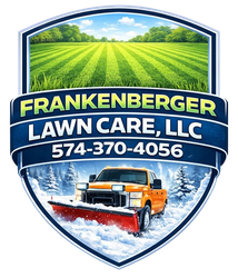 Frankenberger Lawn Care, LLC logo with green field, snowplow truck, and phone number 574-370-4056