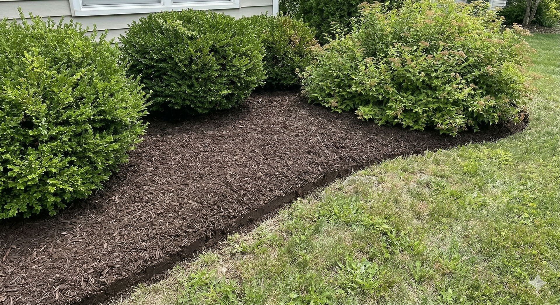 Mulched garden bed with green shrubs along a house, bordered by grass