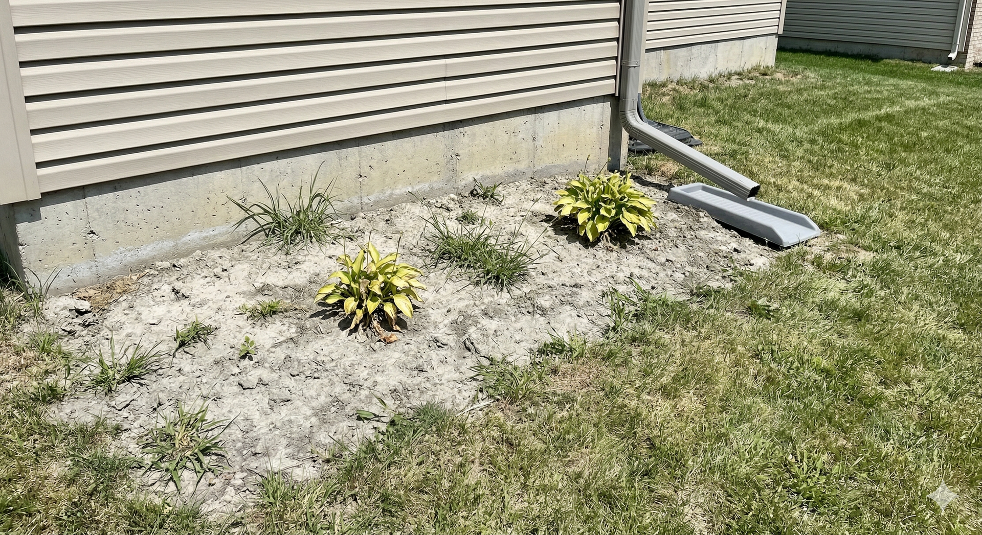Two small yellow-green plants in a sandy bed beside a house wall and downspout, with grass around it