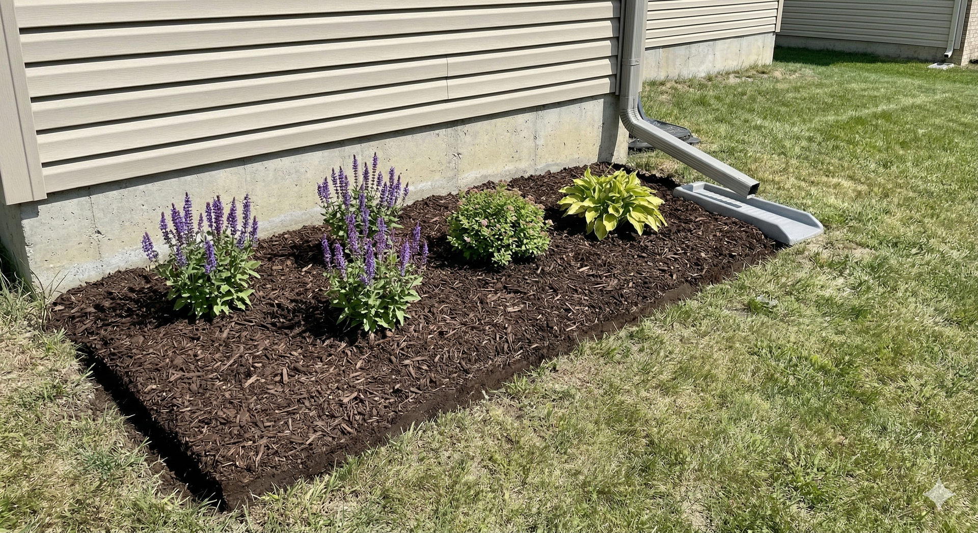 Freshly mulched garden bed with purple and green plants beside a house wall