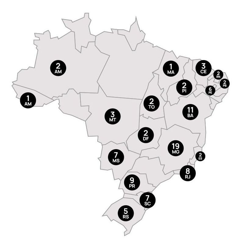 Um mapa do brasil com círculos pretos