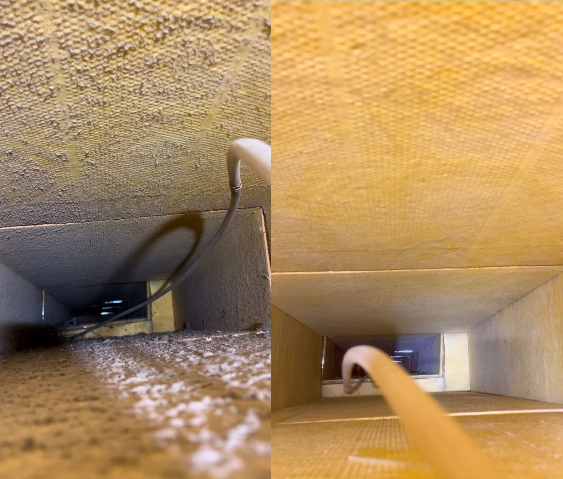 A before and after picture of a duct being cleaned.