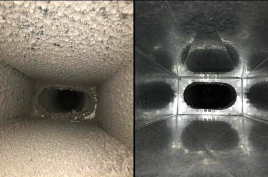 Side-by-side image of dirty and clean square air ducts after professional duct cleaning service