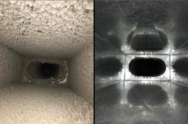 A before and after picture of a duct being cleaned.