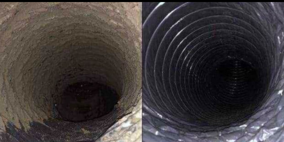 Round air duct before and after cleaning showing dust buildup removal and restored ventilation
