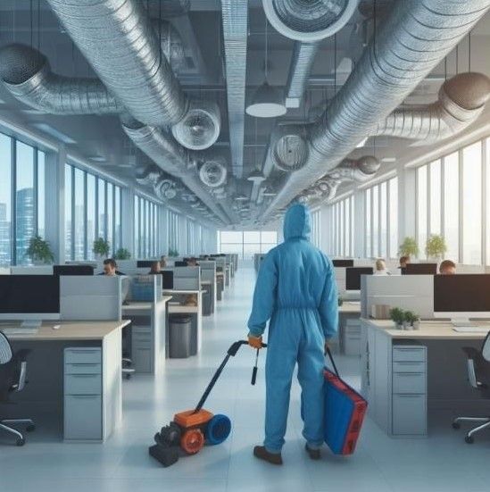 A man in a blue suit is cleaning an office with a vacuum cleaner.