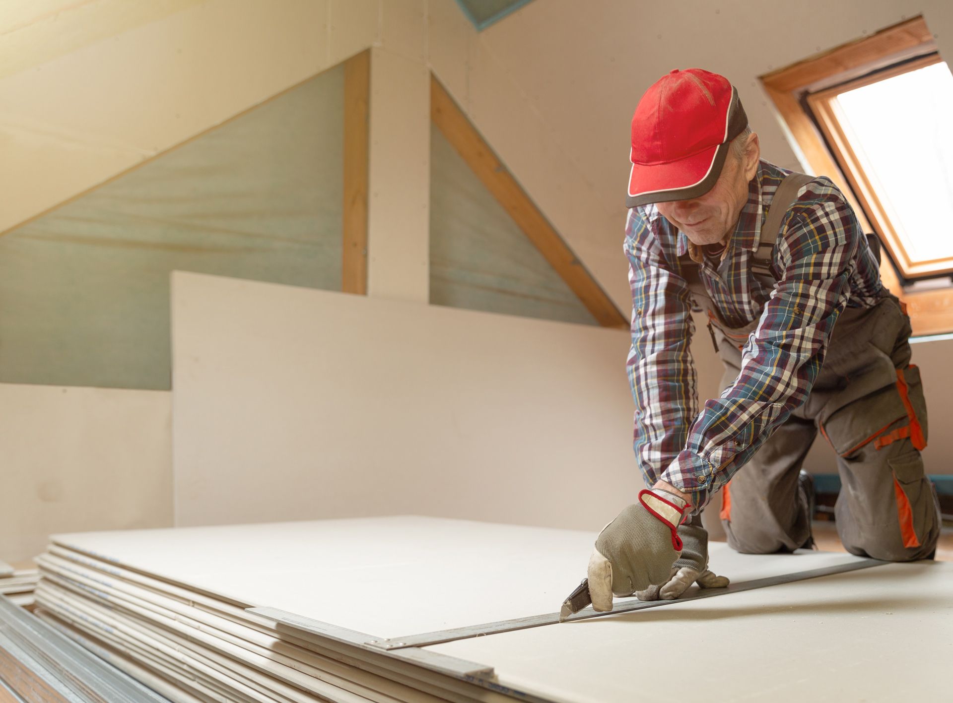 A worker cuts drywall on a stack