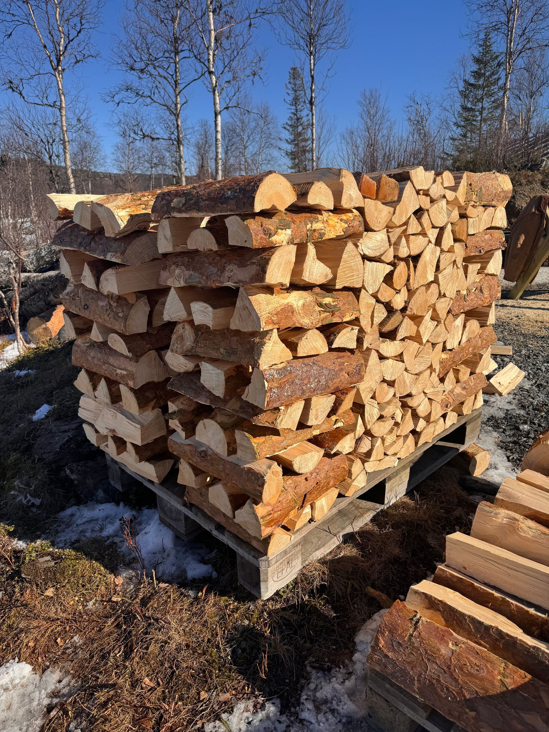 Stacked firewood on a wooden pallet in a sunny outdoor setting.