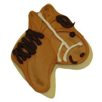 A cookie in the shape of a horse with the name aqua on it