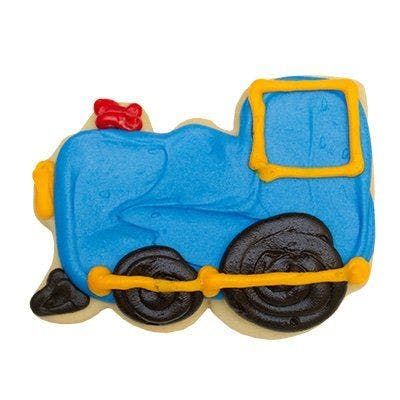 A blue train cookie with yellow wheels and a red bow on top.
