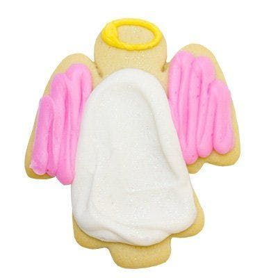 A cookie in the shape of an angel with pink wings and a yellow halo.