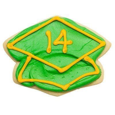 A green and yellow graduation cap cookie with the number 14 on it.