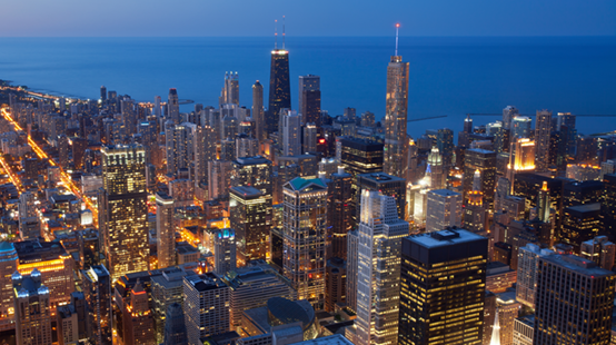 An aerial view of the city of chicago at night