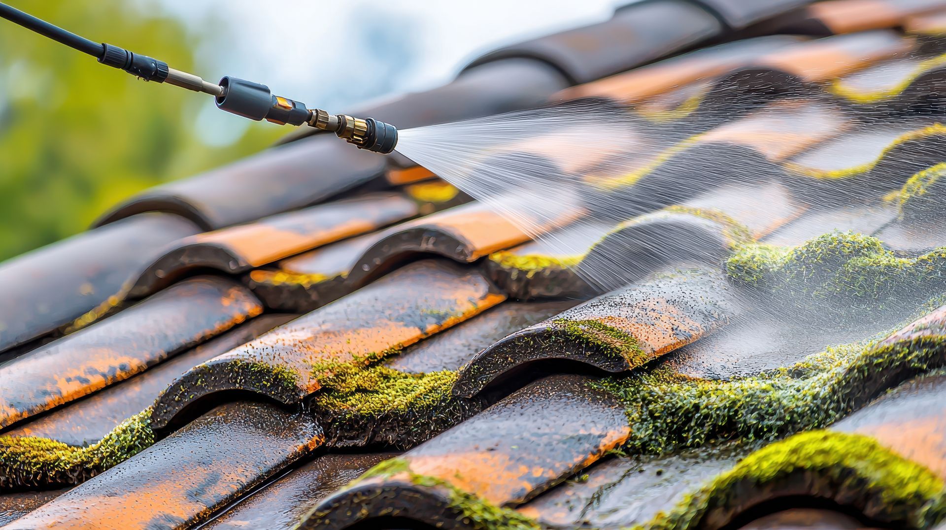 A person is cleaning a tiled roof with a high pressure washer.