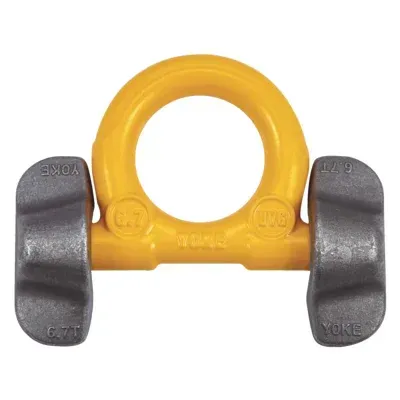 Yugo de elevación de color amarillo y gris para equipo pesado, con anillo de elevación central.