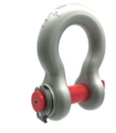 Grillete de acero gris con pasador rojo; utilizado para levantar o asegurar cargas.