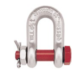 Grillete plateado con pasador, tuerca y perno rojos. Un pasador de chaveta fija la tuerca.