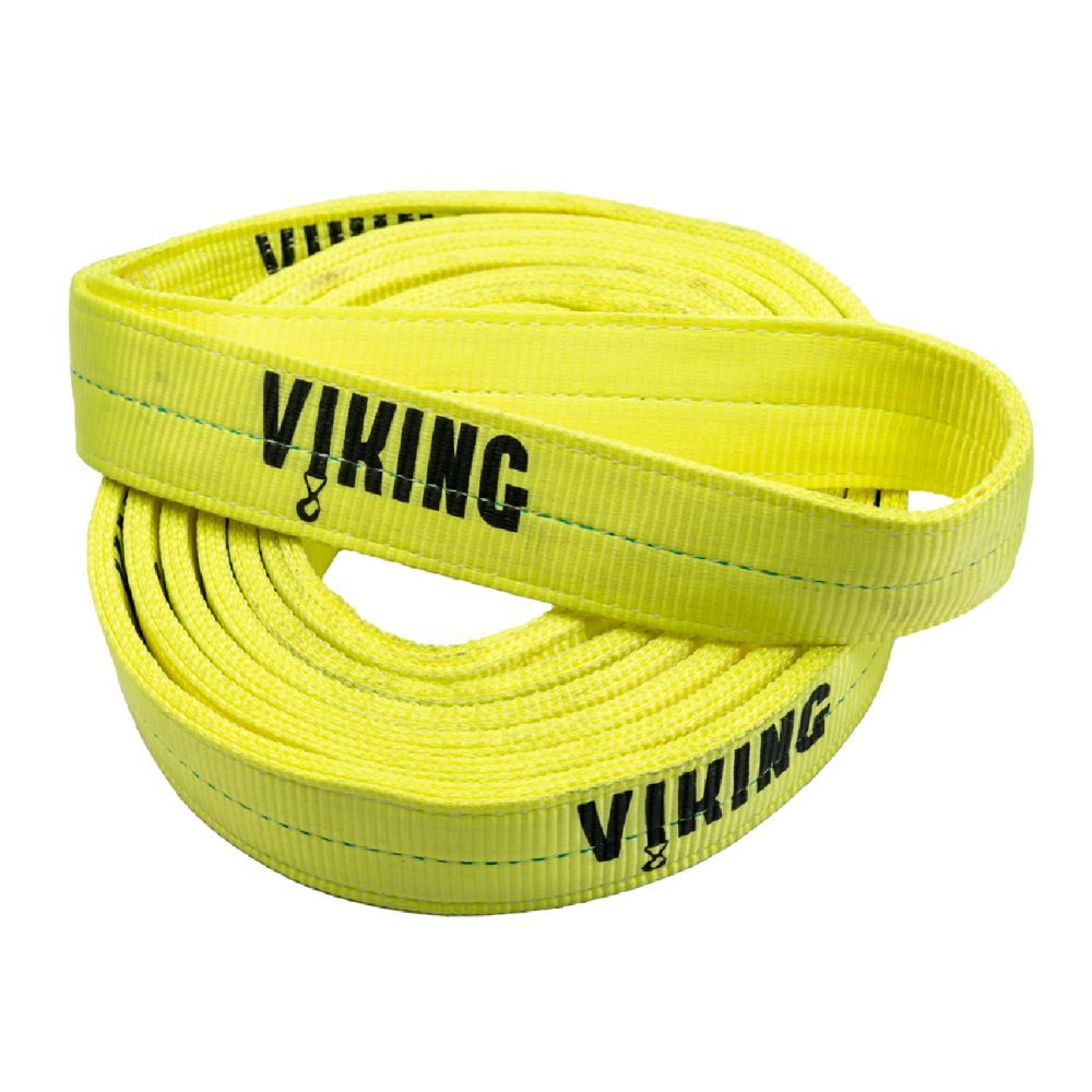 Correa de remolque de la marca Viking de color amarillo enrollada sobre fondo blanco.