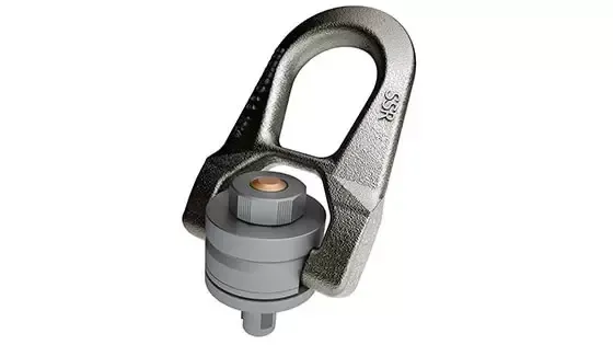 Anillo de elevación de color gris y plata, utilizado para elevación, con un perno hexagonal en la base.