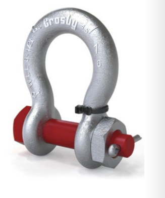 Grillete plateado con pasador y perno rojos, utilizado para conectar aparejos, con brida negra.