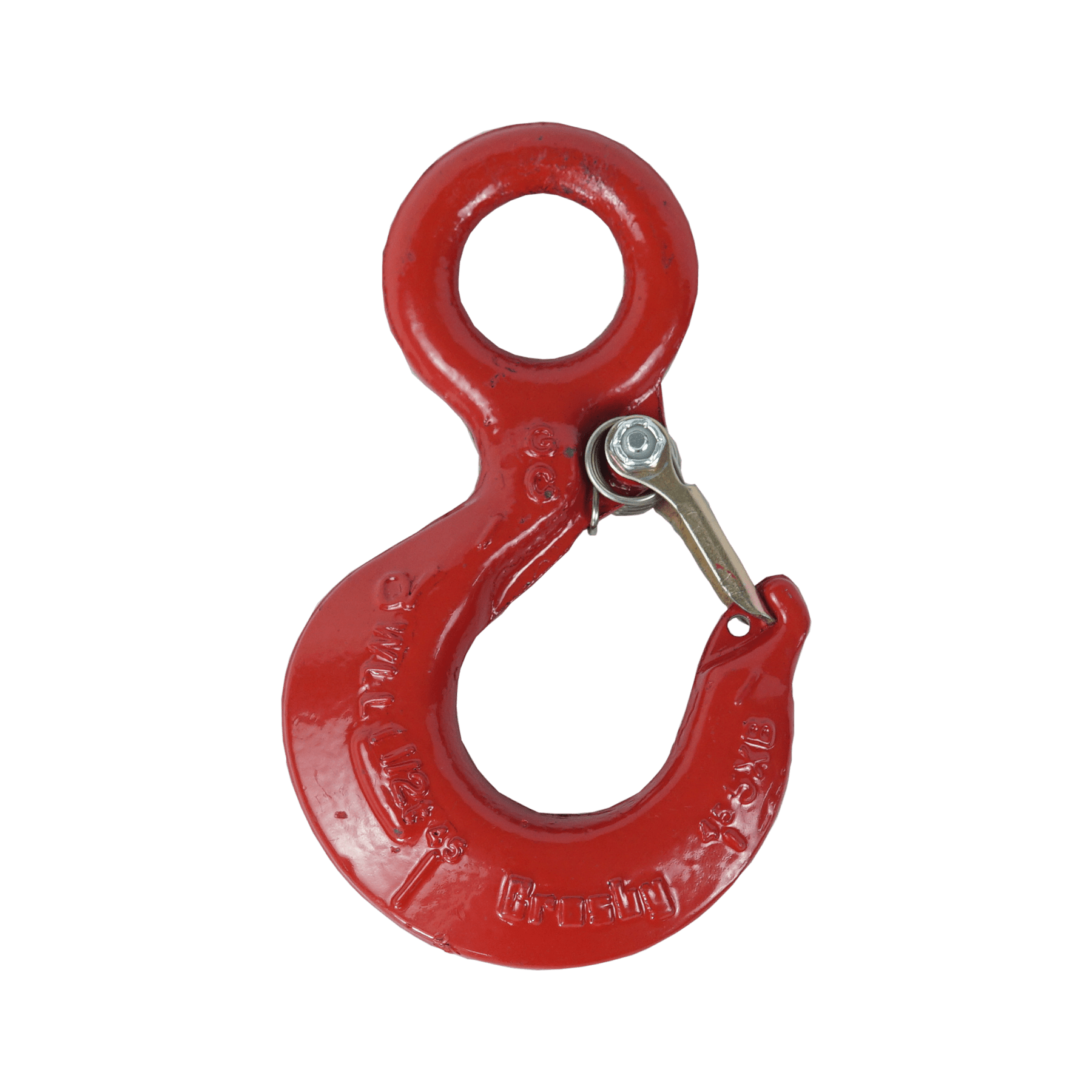 Gancho de ojo rojo con pestillo de seguridad, para levantar objetos pesados.