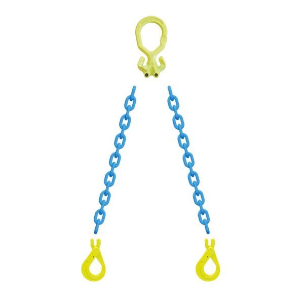 Eslinga de cadena amarilla y azul para elevación.