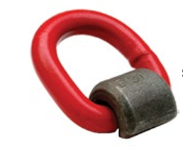 Ojal de elevación rojo y gris, anillo de metal para sujetar a una carga.