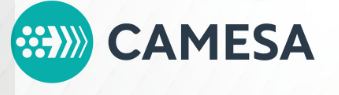Logotipo de CAMESA con un círculo verde azulado que contiene un diseño de flecha y la palabra 