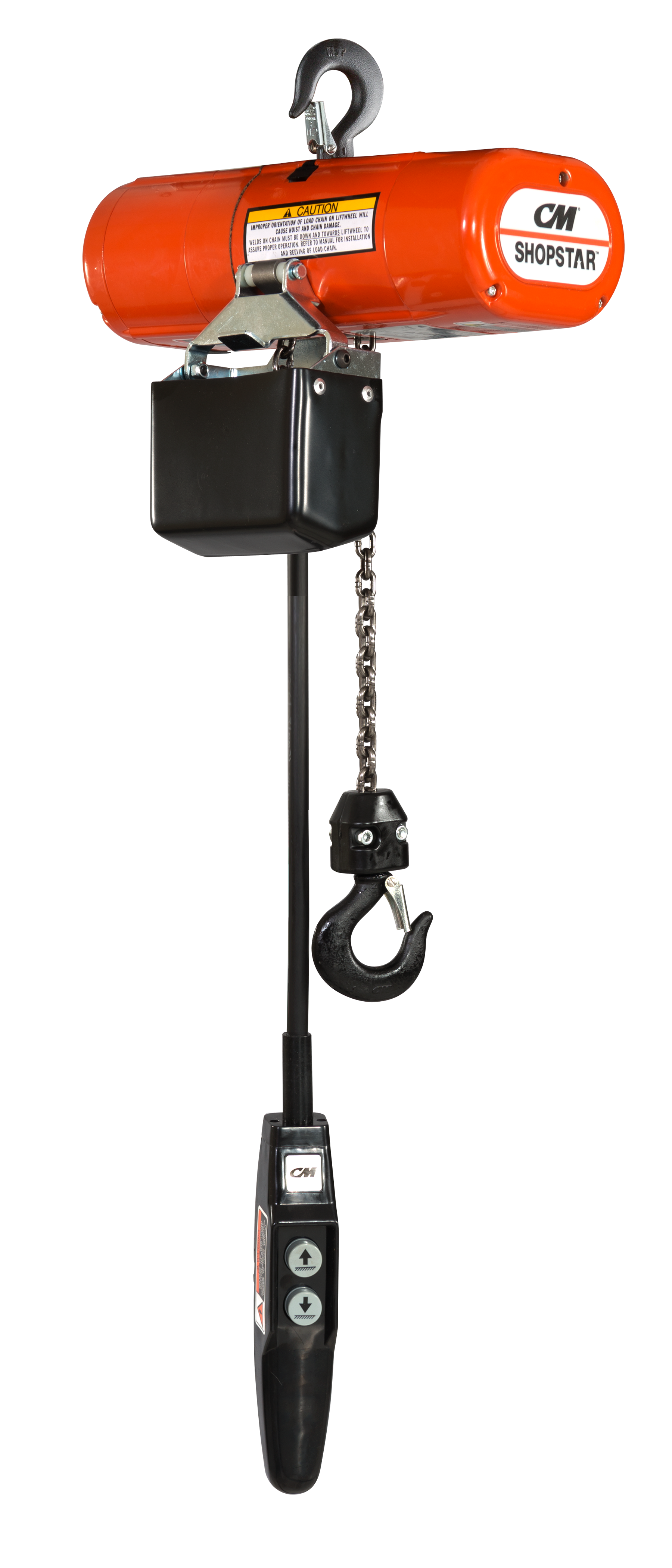 Polipasto eléctrico de cadena de color naranja y negro suspendido de un gancho.